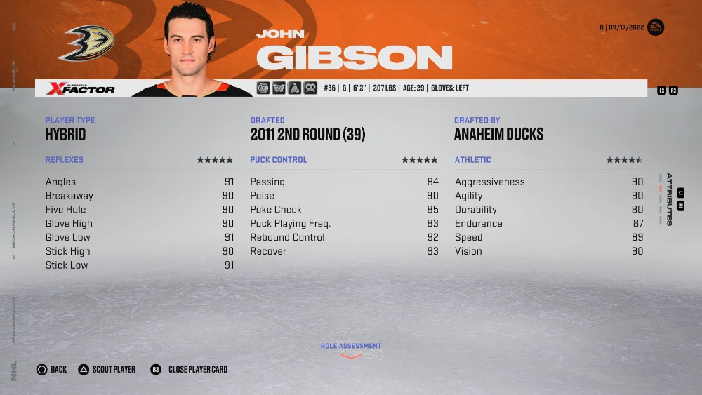 『NHL 23』に登場するジョン・ギブソン (最高のゴールキーパーの 1 人)。
