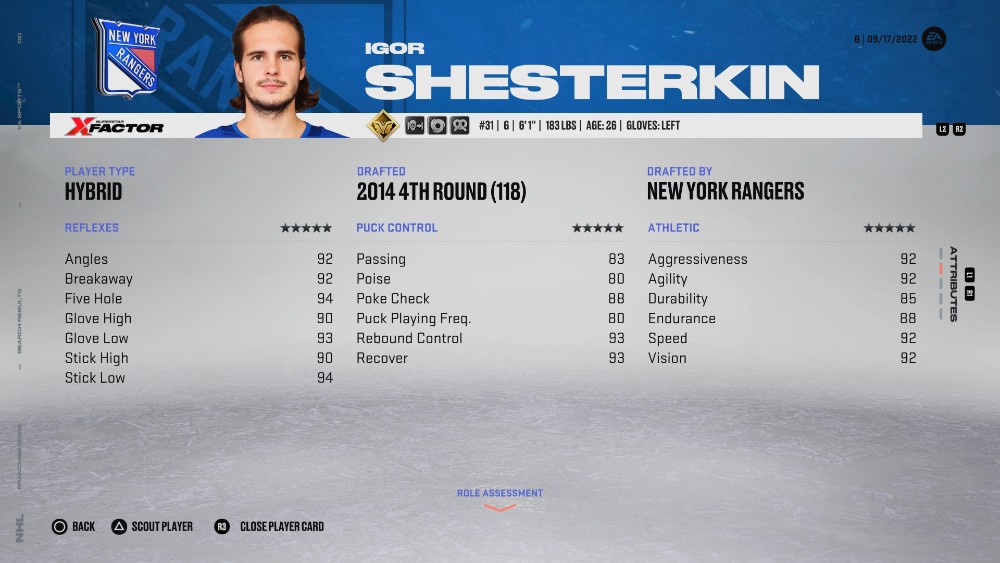 『NHL 23』に登場するイゴール・シェスターキン (最高のゴールキーパーの 1 人)