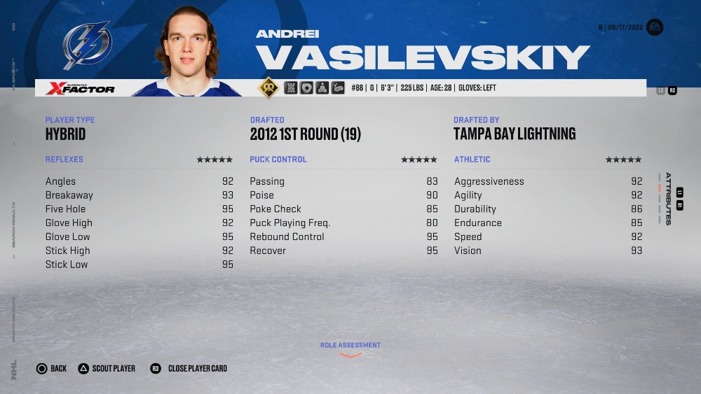 NHL 23 に登場する Andrei Vasilevskiy (最高のゴールキーパーの 1 人)