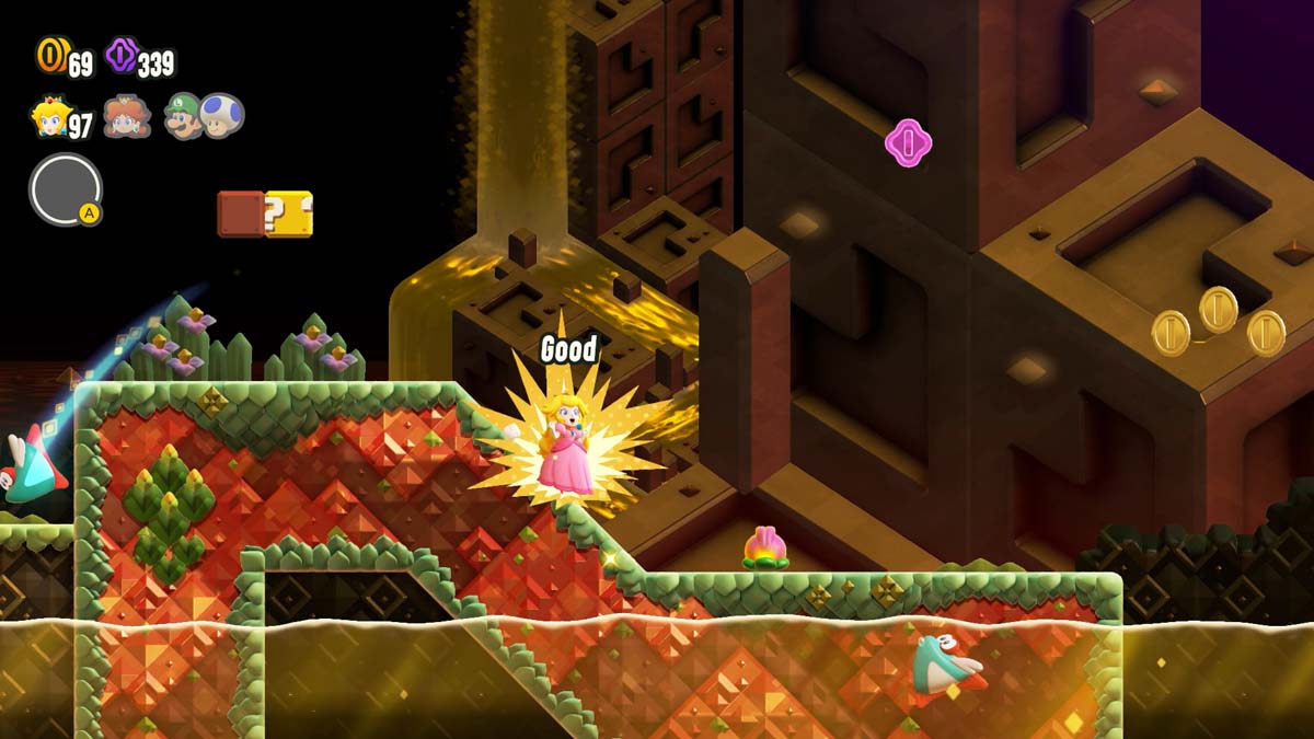 スーパー マリオ ブラザーズのゲームの金色の地下レベルでコインを集め、敵をかわすピーチ姫。