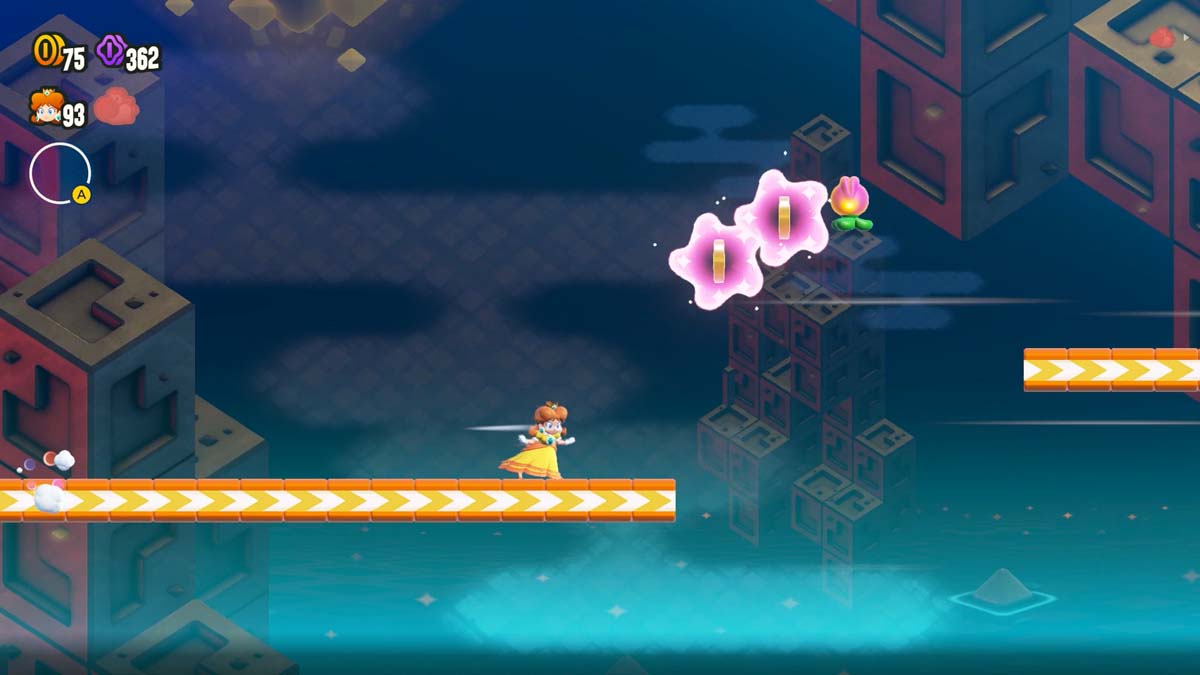 スーパー マリオ ブラザーズのゲームで、ピンクの雲とプラットフォームの間を移動するデイジーのキャラクター。