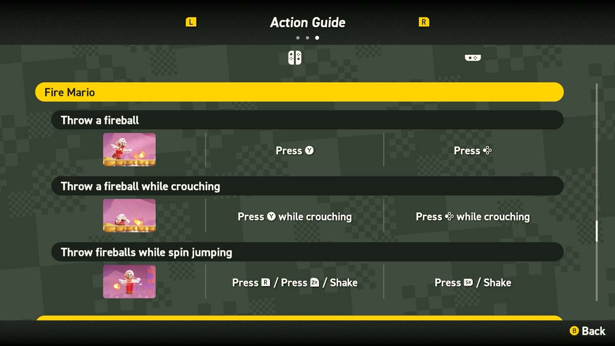スーパーマリオブラザーズのゲームでファイアボールを投げる方法を強調したファイアマリオの説明書。