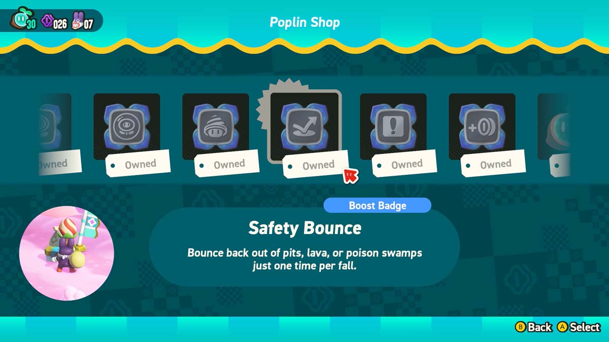 ブースト バッジとして選択された「セーフティ バウンス」を備えたビデオ ゲームのショップ インターフェイス。危険からの 1 回限りのバウンス バック能力を説明します。