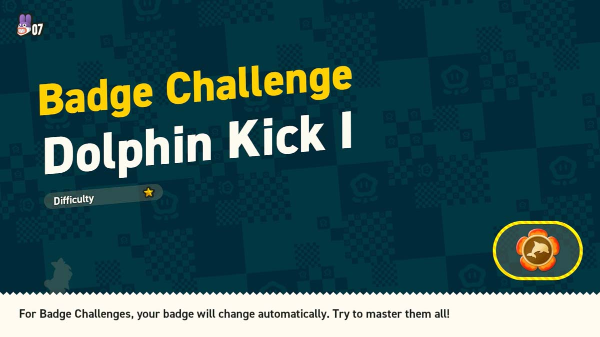 ビデオ ゲーム インターフェイスからの 1 つ星の難易度の「Dolphin Kick I」バッジ チャレンジを示す画面。