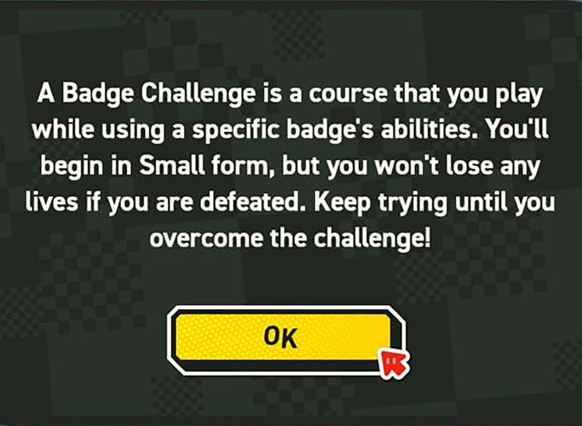   ビデオ ゲームのテキスト ボックス。バッジ チャレンジは、負けても命を失わず、継続的な挑戦を奨励するコースであることを説明しています。