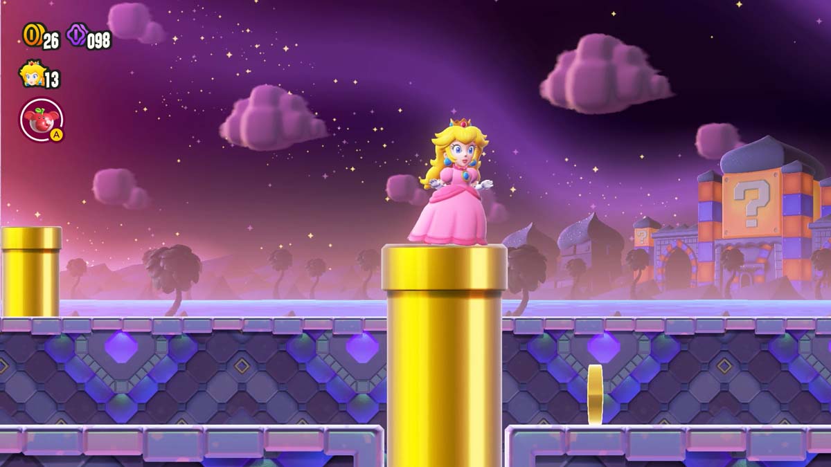 ピーチ姫は神秘的な紫色の空を背景に金色のパイプの上に立っており、ゲームの黄昏の美学を強調しています。