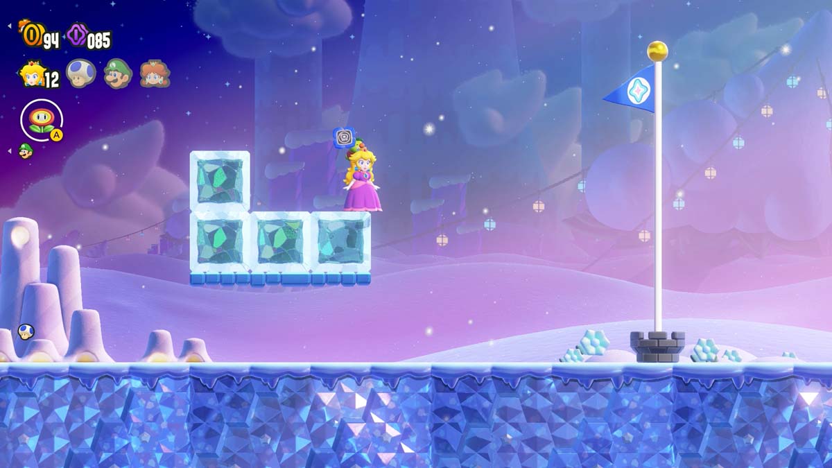 ピーチ姫は、星空とゴールの旗が見える氷のブロックの上に構えてレベルをクリアします