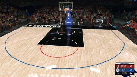 An game snapshot showing the layout of an NBA court