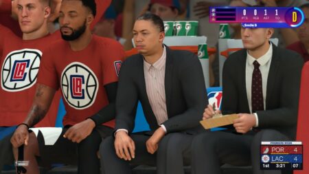 A game character sitting on bench with other characters with tense expressions indicating tension of NBA 2k24 challenges