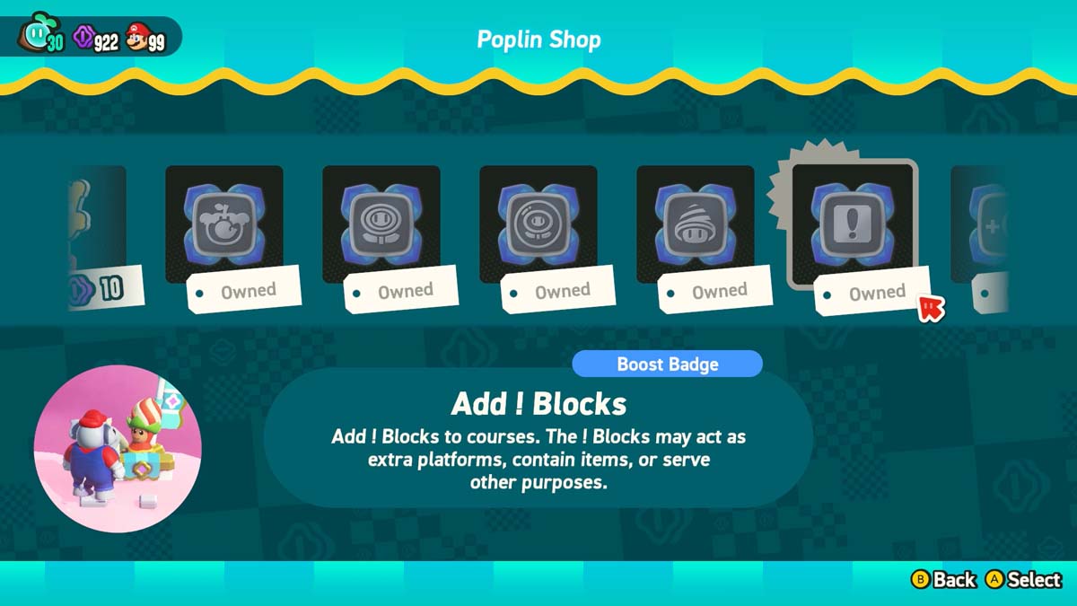 「スーパーマリオブラザーズワンダー」のゲーム内「ポプリンショップ」画面。「ブーストバッジ」や「追加！」などの利用可能なパワーアップアイテムが表示されています。 ブロック」。