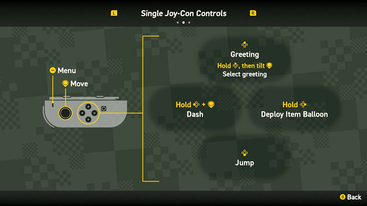 Joy-Con 1 つで『スーパーマリオブラザーズ ワンダー』をプレイするための、移動、挨拶、ダッシュ、アイテムバルーン展開、ジャンプなどの操作ガイドです。