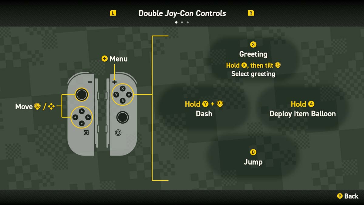 ダブル Joy-Con コントローラーを使用した「スーパーマリオブラザーズ ワンダー」の操作ガイド。移動、挨拶、ダッシュ、ジャンプのアクションを示します。