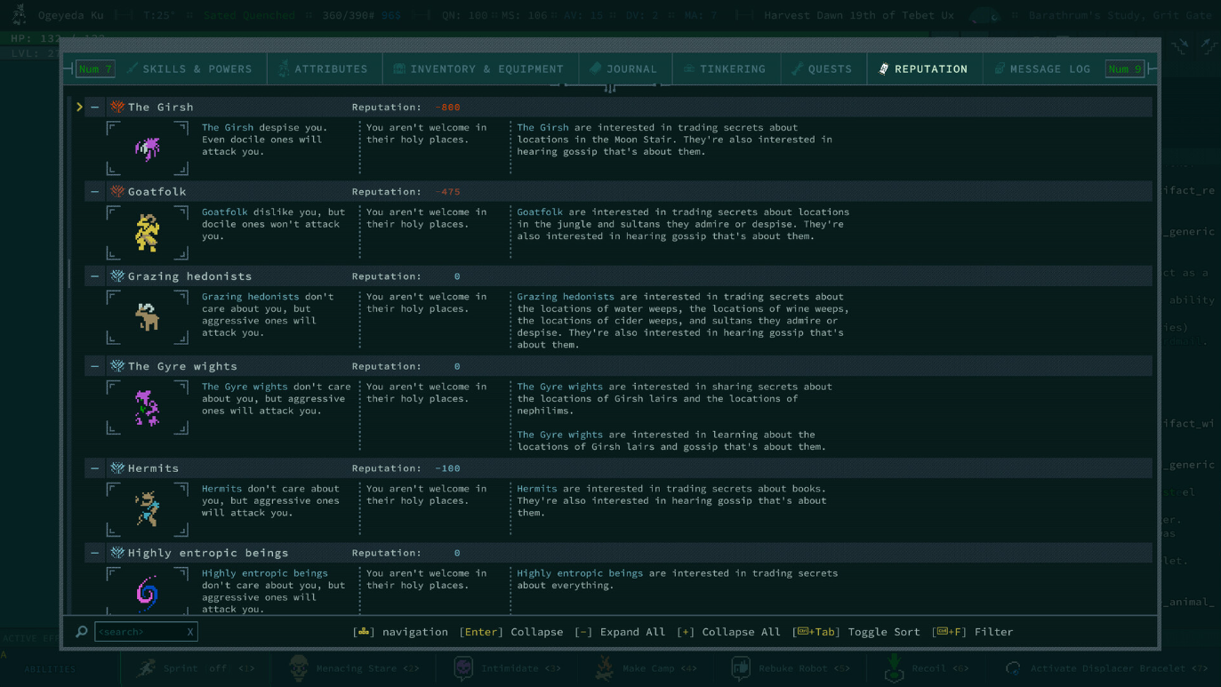 派閥間でのプレイヤーの評判レベルを示すゲーム「Caves of Qud」のスクリーンショット