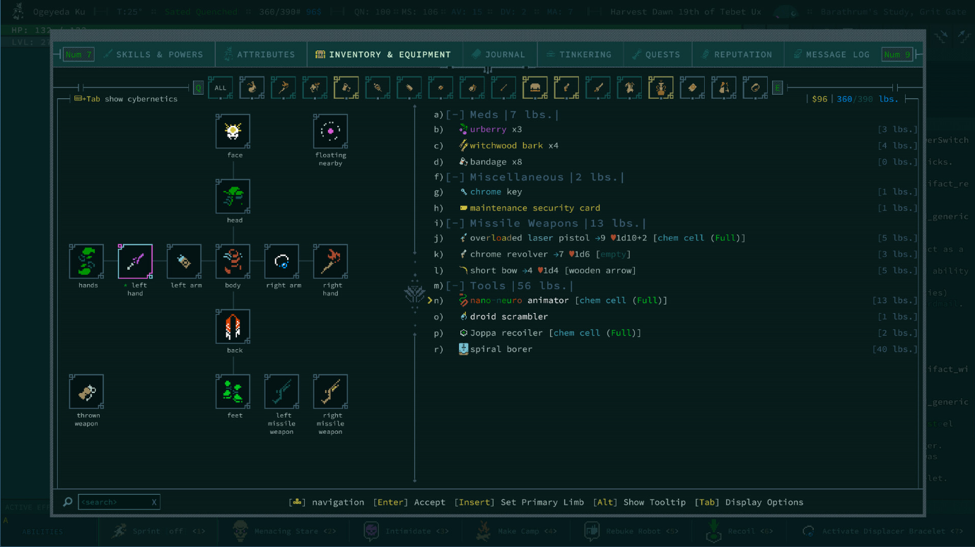 プレイヤーのインベントリ画面を表示しているゲーム Caves of Qud のスクリーンショット