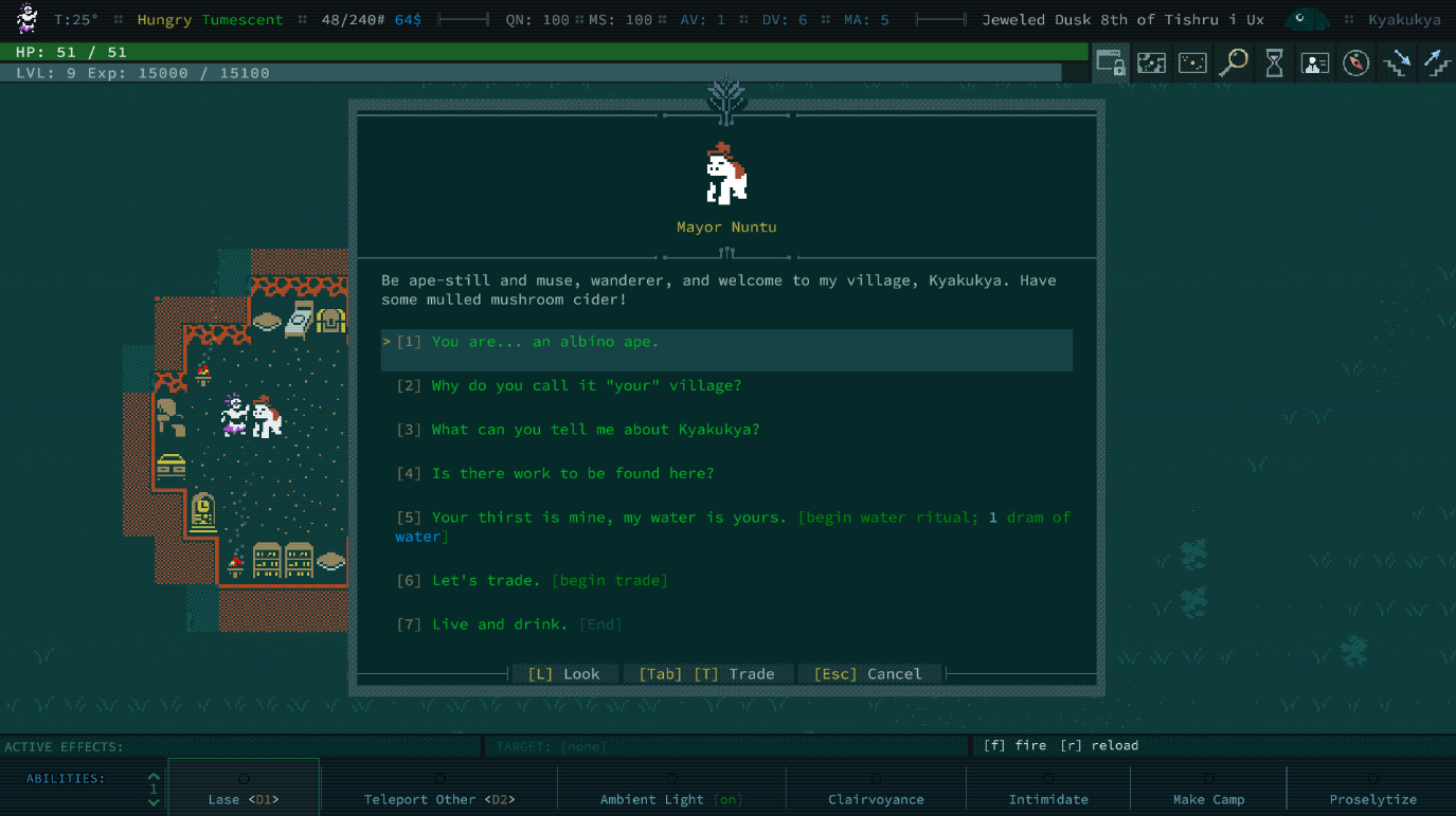 ゲーム「Caves of Qud」のスクリーンショット。プレイヤーとアルビノ類人猿の間の会話ツリーが表示されています。