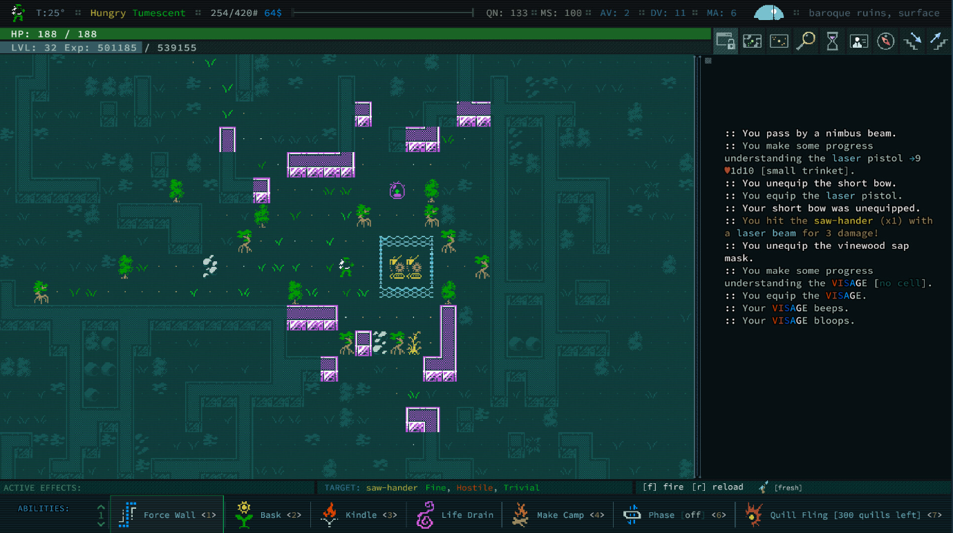 ゲーム Caves of Qud のメイン プレイ画面を示すスクリーンショット