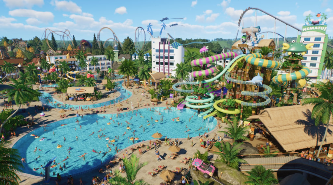 前景に大きなプールがあるウォーター パークを示す、Planet Coaster 2 のスクリーンショット