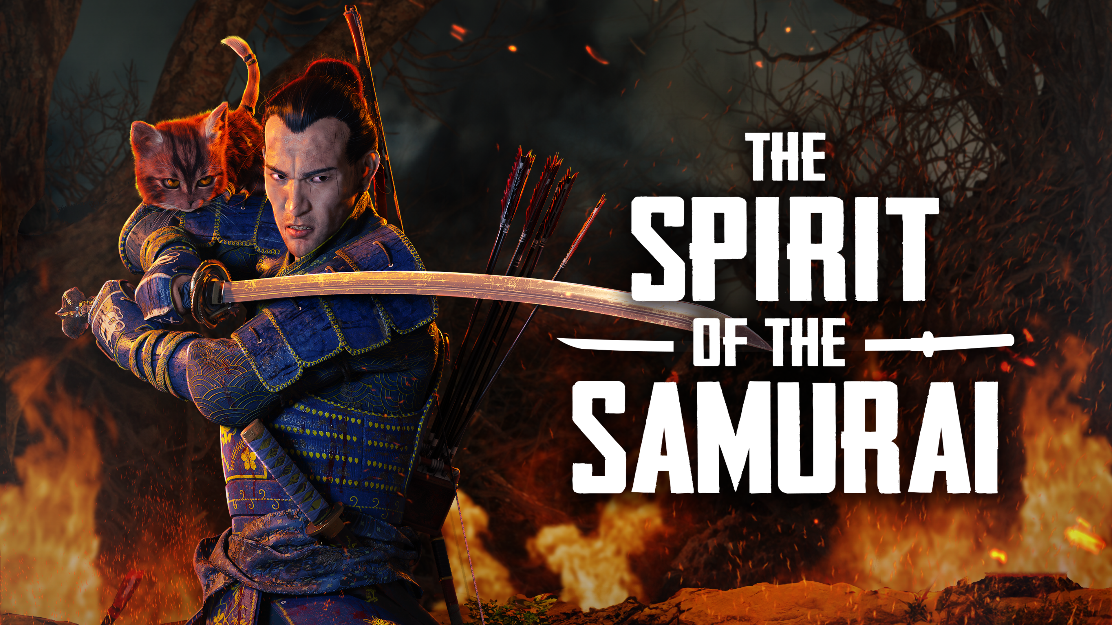 ビデオ ゲーム「The Spirit of the Samurai」のキーアート。カタナを振り回し、肩に猫を乗せた侍を描いています。