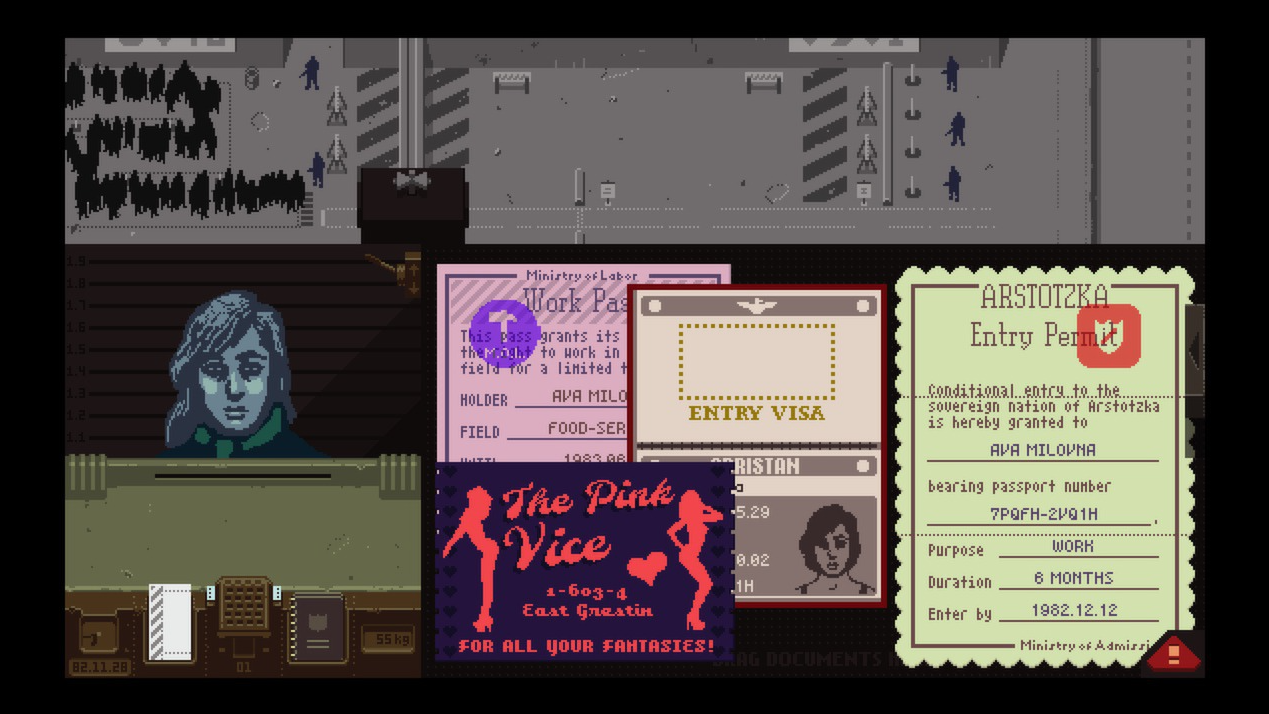 Papers Please ゲーム内の一連のピクセル イメージ ドキュメント