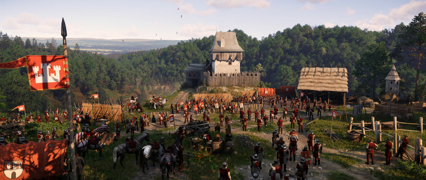 ゲーム Kingdom Come: Deliverance 2 のスクリーンショット。砦の近くに陣取る中世の軍隊を示しています。