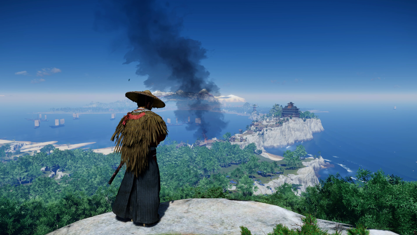 Ghost of Tsushima の崖の上に侍が立っている島列島の眺め