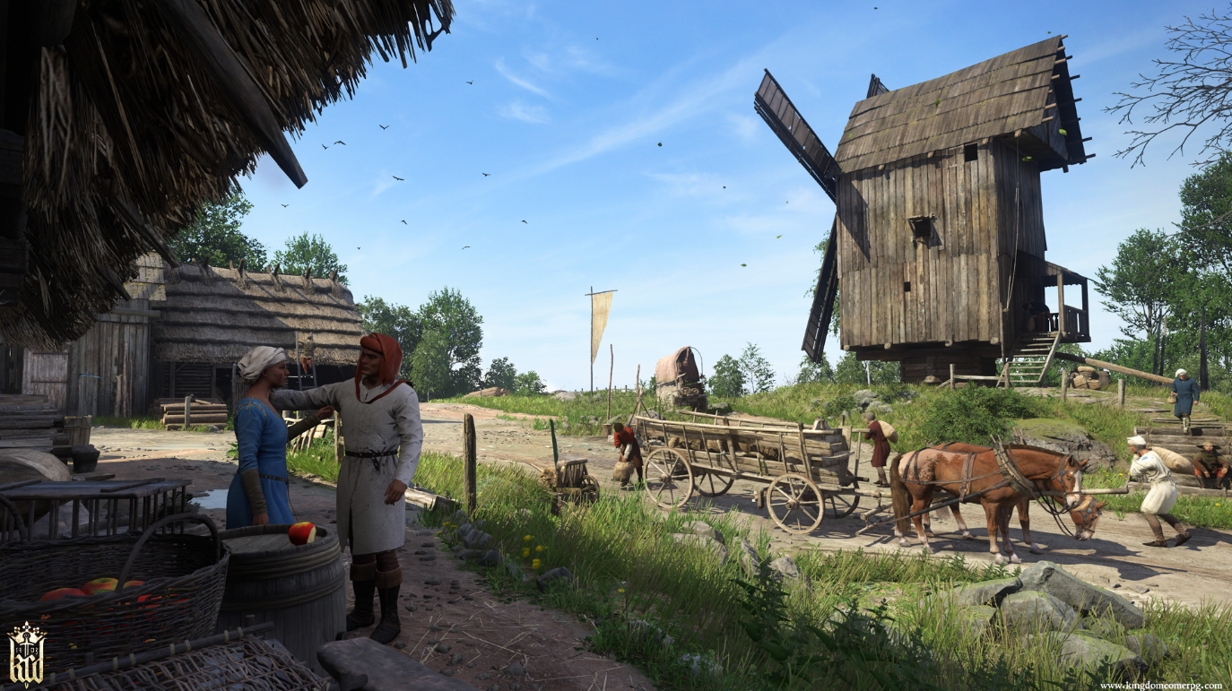 『Kingdom Come: Deliverance』の馬と風車のある中世の村のシーン