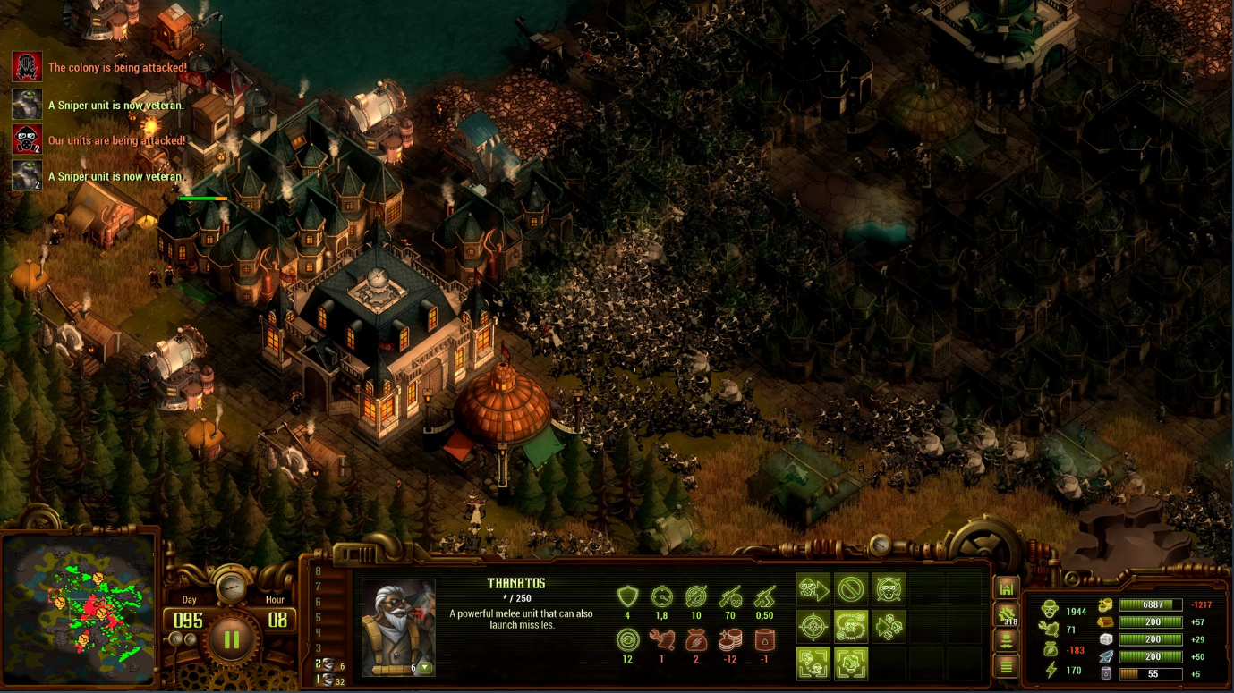 RTS ゲーム They Are Billions のスクリーンショット。スチームパンクのコロニーを攻撃するゾンビの群れを示しています。 UI にはミニマップと選択したユニット Thanatos が表示されます