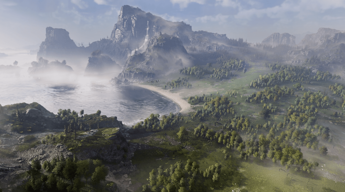 ゲーム Anno 117: Pax Romana に登場する、森、緑の平原、高い岩山のある島の眺め