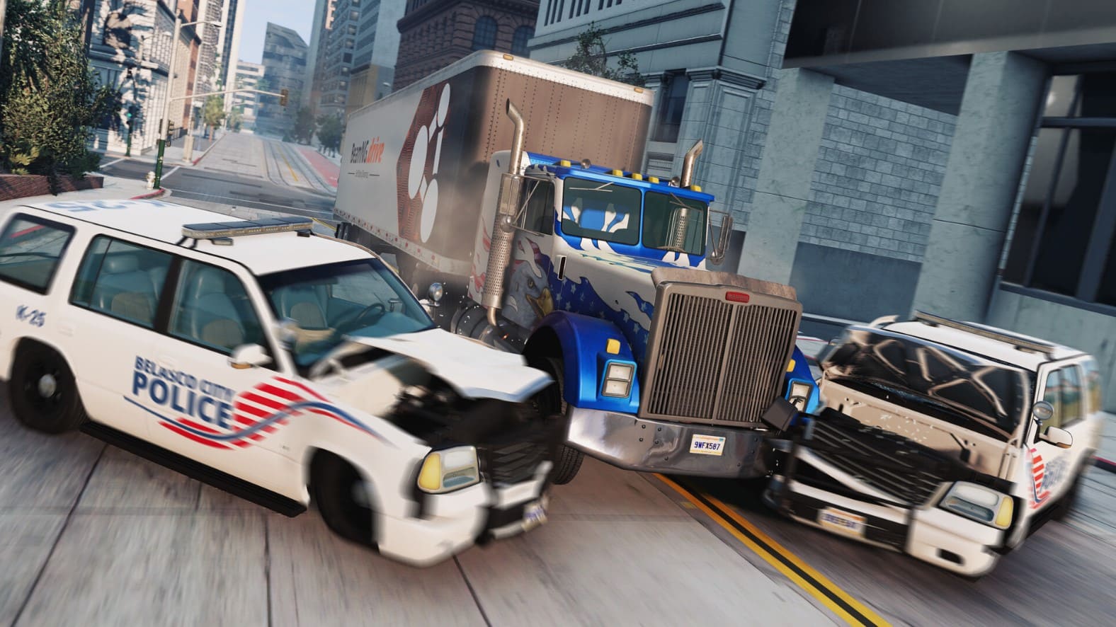 ゲームBeamng.Driveのスクリーンショット2台の警官車と衝突するトラックを示すドライブ