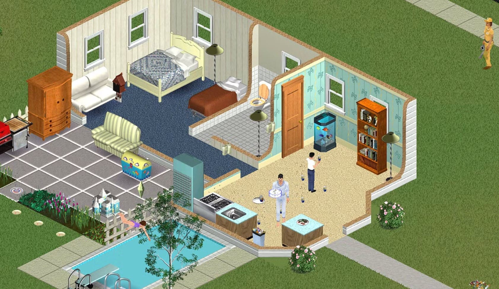 Sims Rereleaseが来ています。 Sims 1のスクリーンショットは、小さな1ベッドルームの家を示しています。