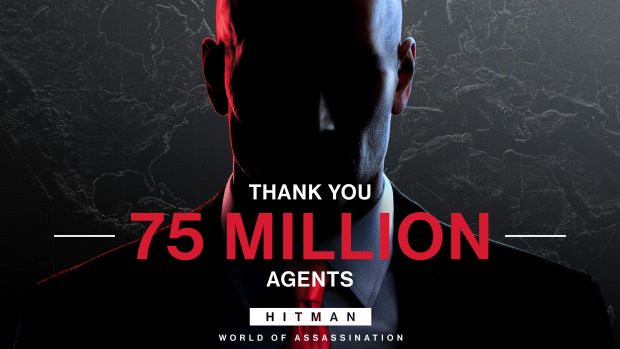 「HITMAN World of Assassination」のヒットマンのシルエットと「THANK YOU 7,500万のエージェント」というテキストを示すグラフィック。