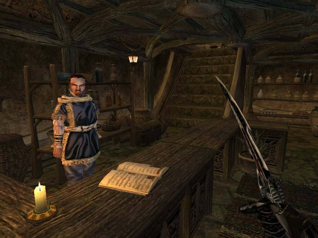 Elder Scrolls 3 Morrowindのスクリーンショットは、彼の店に店主を示しています