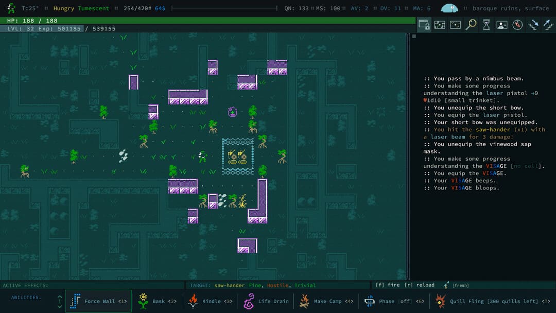 ピクセルアートとGUIを示すqudのゲーム洞窟からのスクリーンショット