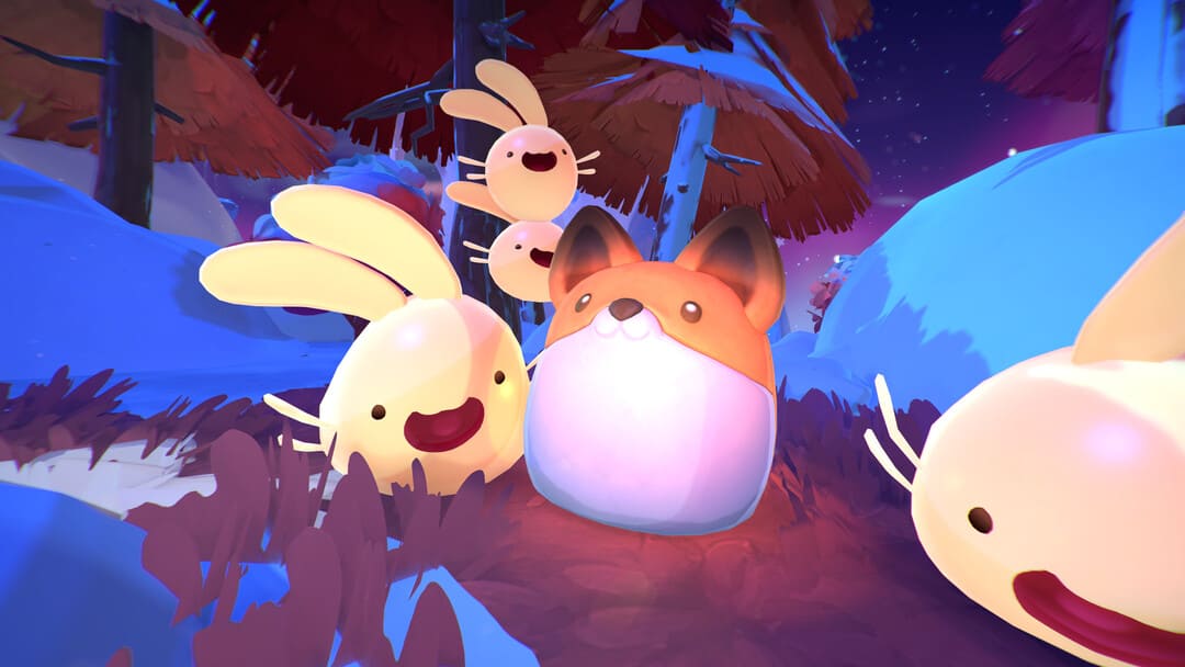 Slime Rancher 2のスクリーンショットは、いくつかのスライムとGoxlike Things in a Foresyを示しています