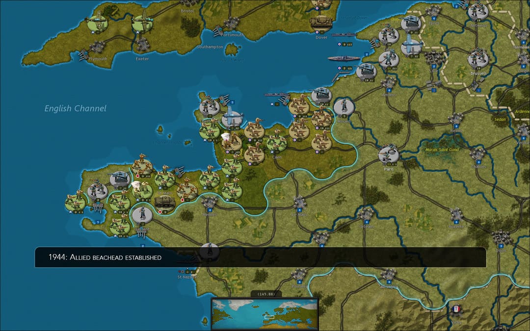 ゲーム戦略コマンドからのスクリーンショット：フランス北部とイングランド南部を示すヨーロッパでの戦争