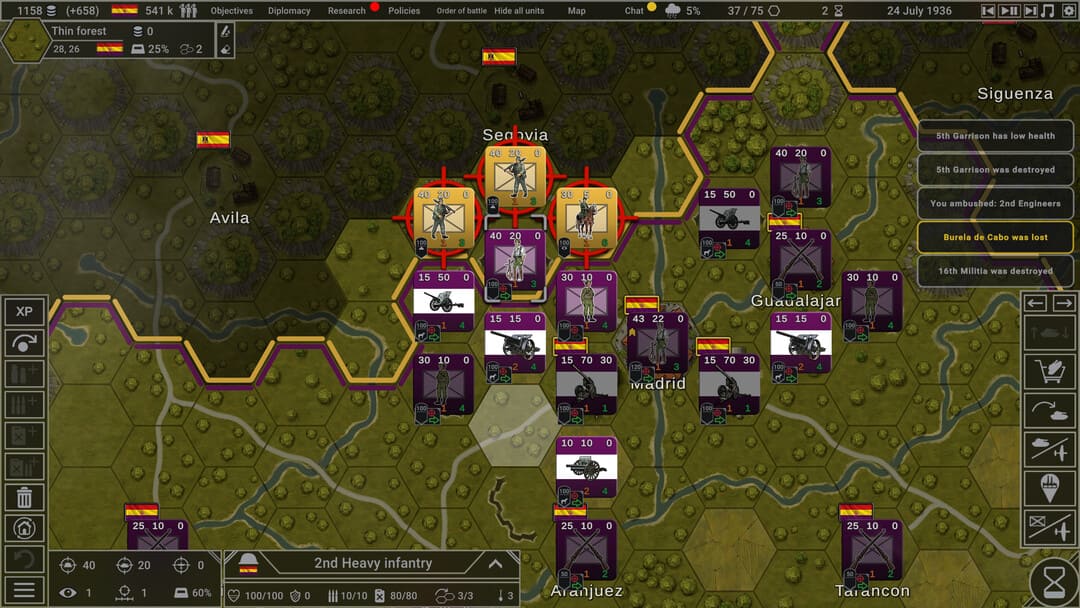フランスでの戦闘のスクリーンショットヘックスベースの戦争ゲームヘックスオブスチール