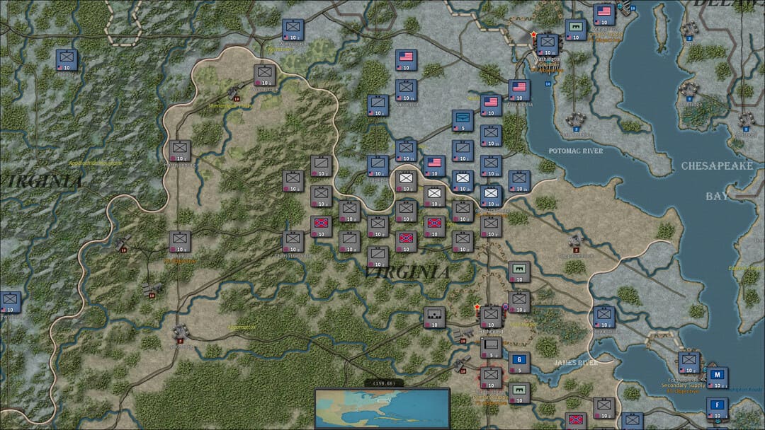ゲーム戦略コマンドからのスクリーンショット：アメリカ南北戦争、北バージニア戦線を示す