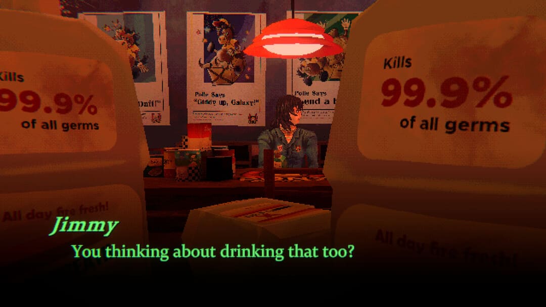 漂白剤のボトルの間に挟まれた男を示すゲームのマウスウォッシングのスクリーンショット。ジミーは「あなたもそれを飲むことを考えていますか？」と言います。
