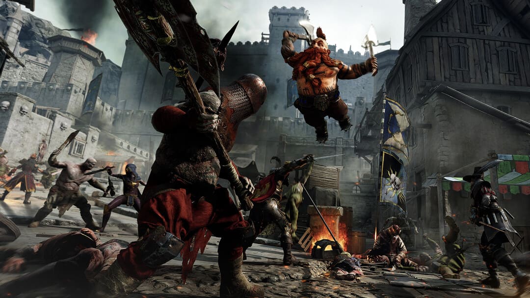 ゲームWarhammer：Vermintide 2のスクリーンショットは、巨大な武器でディフェンダーに向かって自分自身を立ち上げたドワーフのキャラクターを示しています。