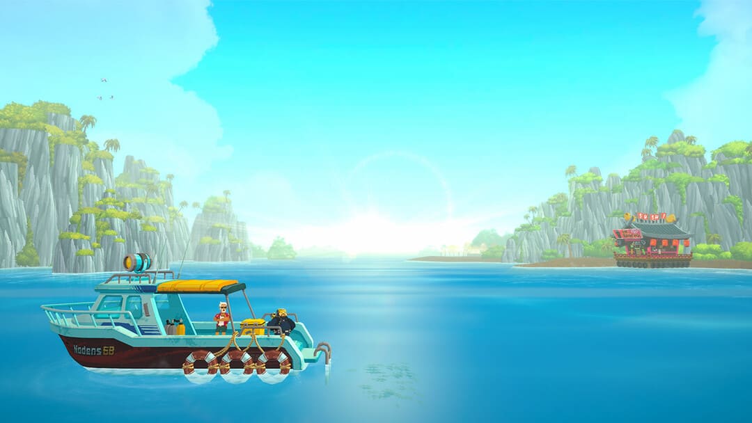 ゲームのスクリーンショットデイブザダイバーは、1つの海岸にレストランと表面に漁船がある湖のある湖を見せています。