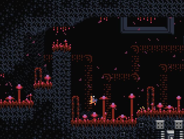 ピクセルアートプラットフォーマーの洞窟を示すゲーム環境ステーションアルファのスクリーンショット