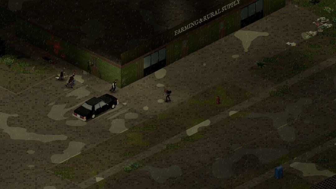 ゲームプロジェクトのスクリーンショットZomboidは、ゾンビが彼に向かってくつろいでいるように、農業と田舎の供給店の外の雨の中でしゃがんだヒーローを示しています
