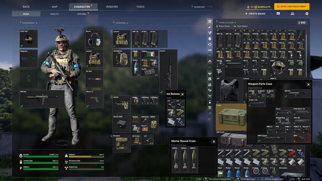 在庫UIシステムと戦術用具の男性を示すゲームグレイゾーンの戦争からのスクリーンショット