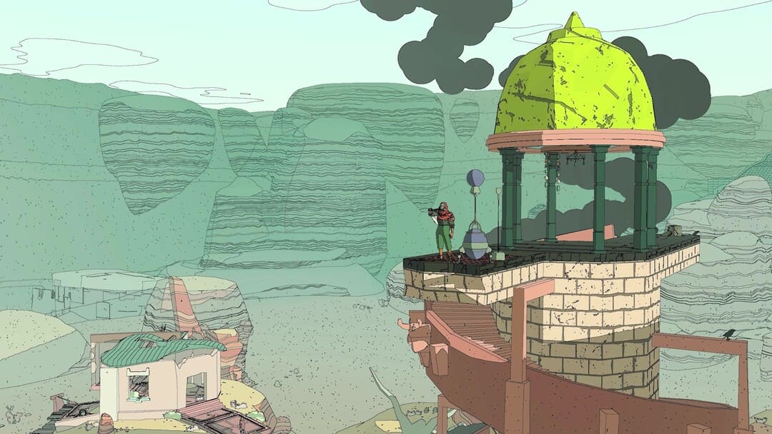 手描きのスタイルで見せているゲームセーブルのスクリーンショット景観を見渡す石工の塔のキャラクター
