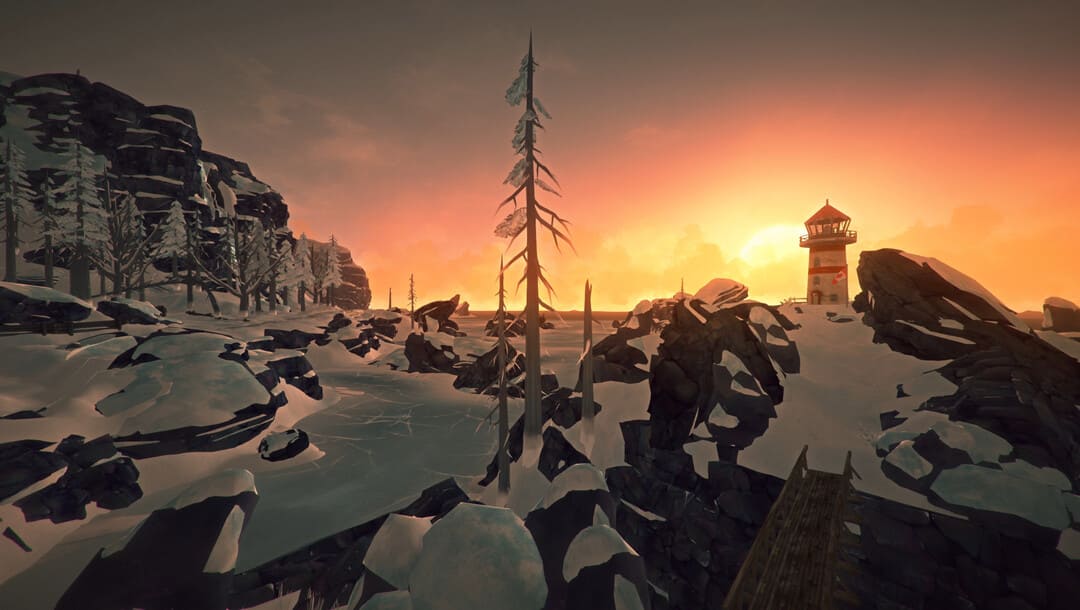 ゲームのスクリーンショットThe Long Darkは、岩だらけの冬の海岸線の風景の中で灯台を示しています