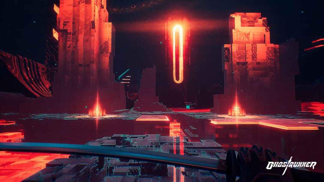 メインキャラクターがカタナを装備するネオンの風景を示すゲームのGhostrunnerのスクリーンショット 