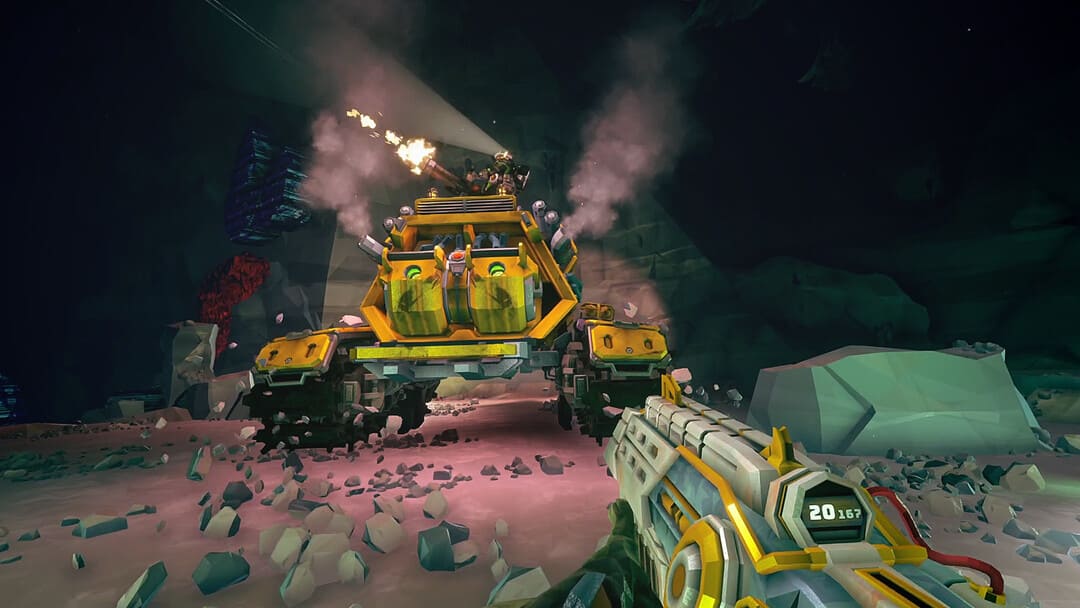 マウントされたマシンガンが発射された黄色のマイニング車両を示すゲームのディープロックギャラクティックのスクリーンショット