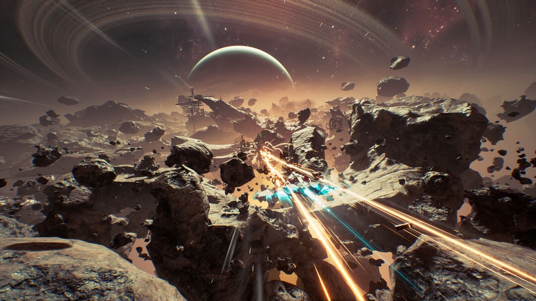 小惑星畑を飛んでいる宇宙船を示すゲームコーラスのスクリーンショット