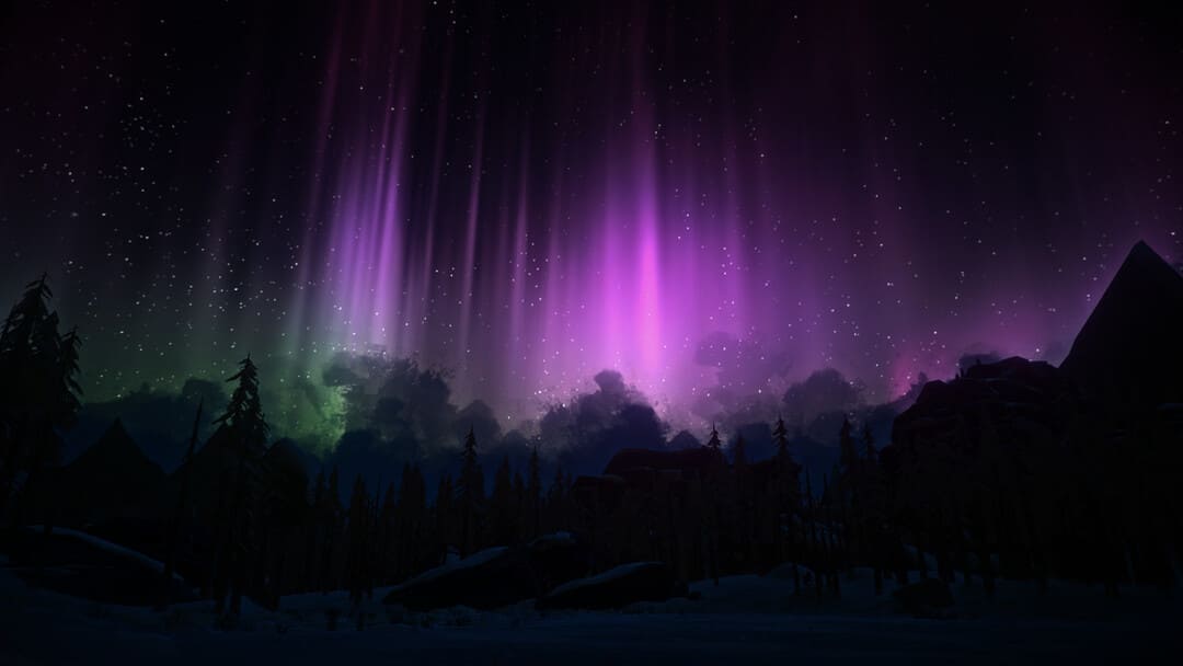 ゲームのスクリーンショットThe Long Darkは、荒涼としたTundra Boreal Forestの上にあるAurora Borealisを示しています