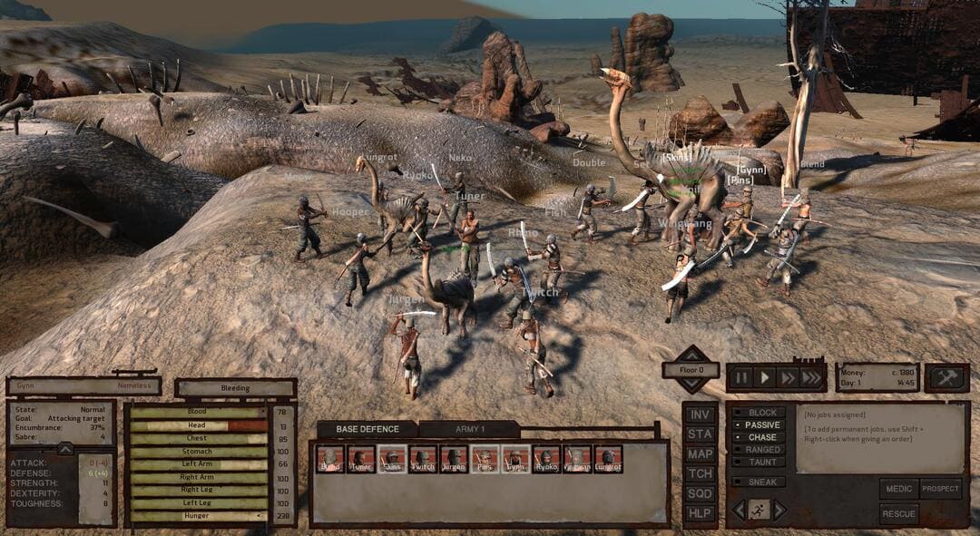 砂漠で人間と動物の間で大きな戦いを示すゲームのkenshiのスクリーンショット